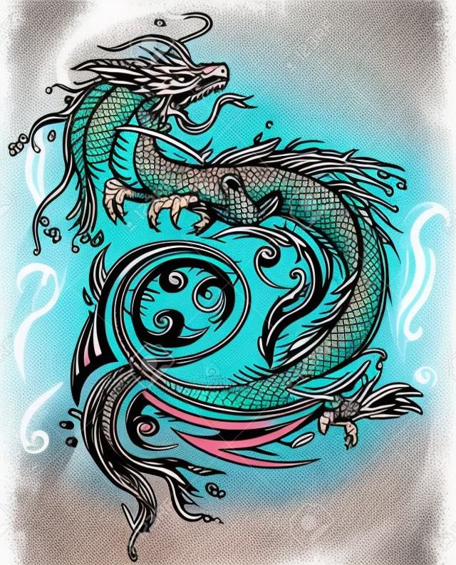 Dragon Doodle Sketch Tattoo Icon Tribal grunge Vector Illustration Art 