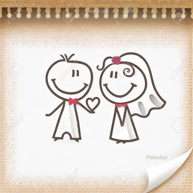 cheerful wedding couple on realistic paper sheet