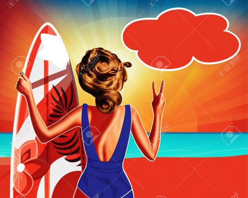 Pop art girl in red swimwear standing backwards, holding surfboard and shows sign peace, victory. Woman on holidays with surf board on the beach near of ocean. Vacation concept, poster for season sale