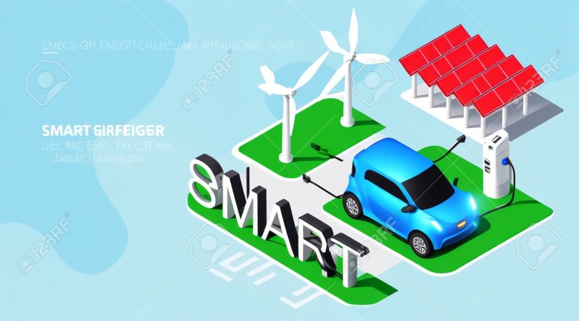 Smart grid concept. Isometric wind turbines and solar panels connected to electric car with charging station. Alternative energy source. 3d vector web banner. Template landing page for website.