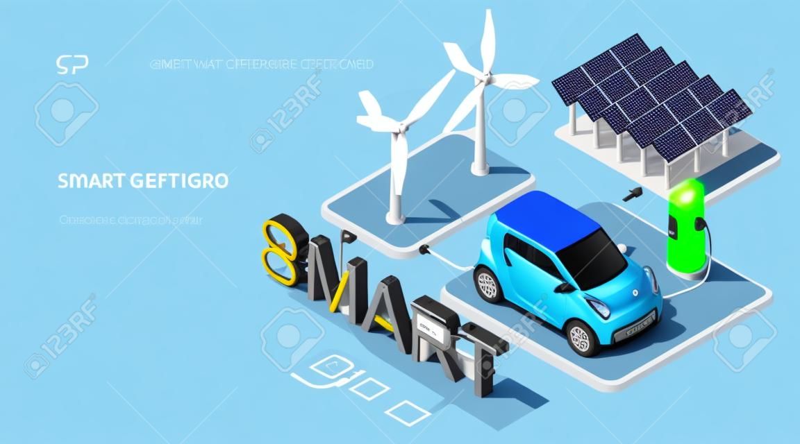 Smart grid concept. Isometric wind turbines and solar panels connected to electric car with charging station. Alternative energy source. 3d vector web banner. Template landing page for website.