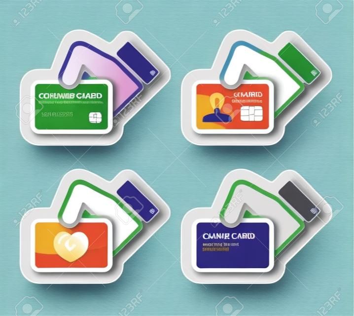Hand holding credit card, business card, ID icons set as labels
