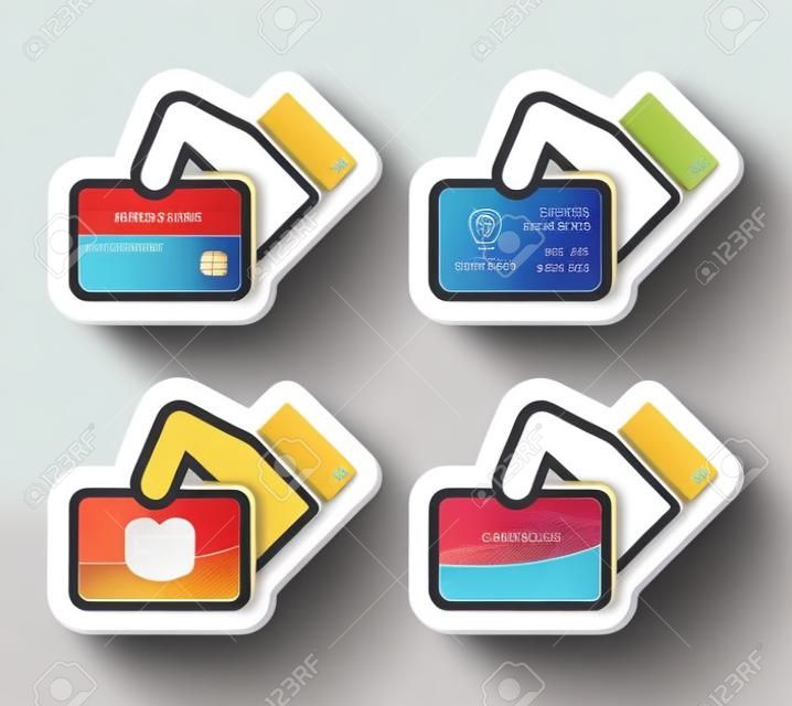 Hand holding credit card, business card, ID icons set as labels