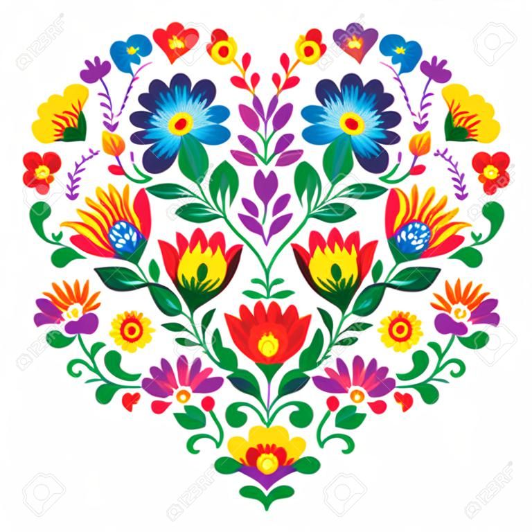 Olk polaco del arte del arte del bordado corazón con flores - Lowickie wzory