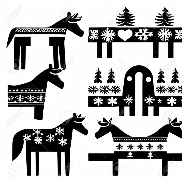 Dala del sueco, caballo Dalecarlian con el invierno, patrón nórdico