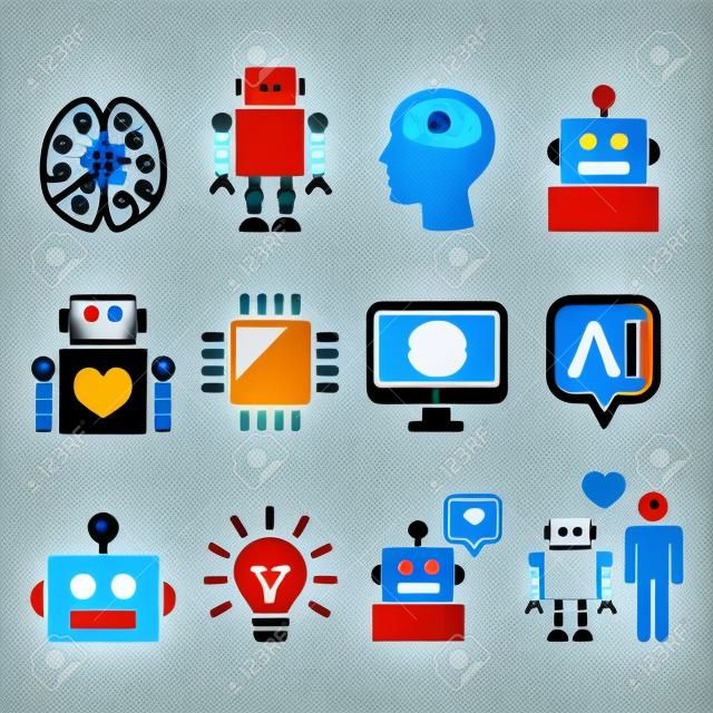 Inteligência Artificial (IA), conjunto de ícones de robôs