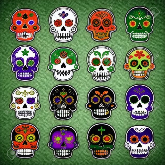 Halloween, calavera de azúcar mexicana, Dia de los Muertos - iconos de dibujos animados