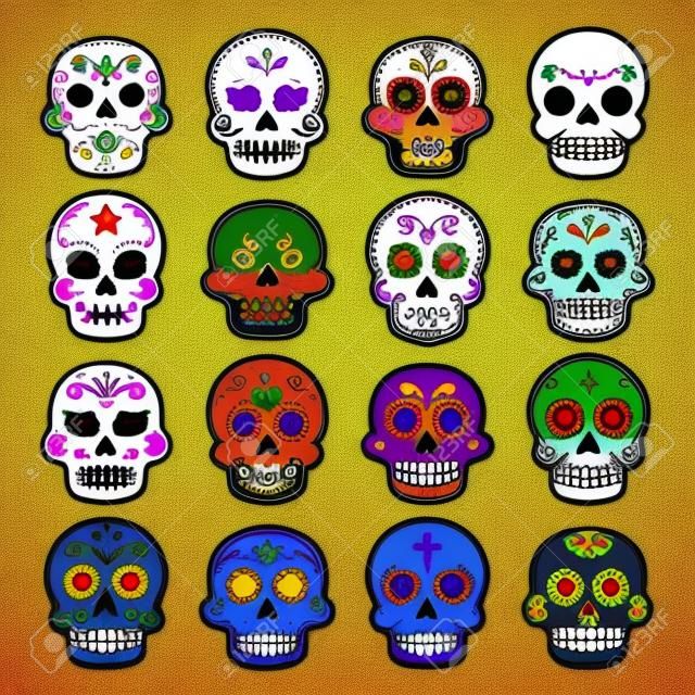 Halloween, calavera de azúcar mexicana, Dia de los Muertos - iconos de dibujos animados