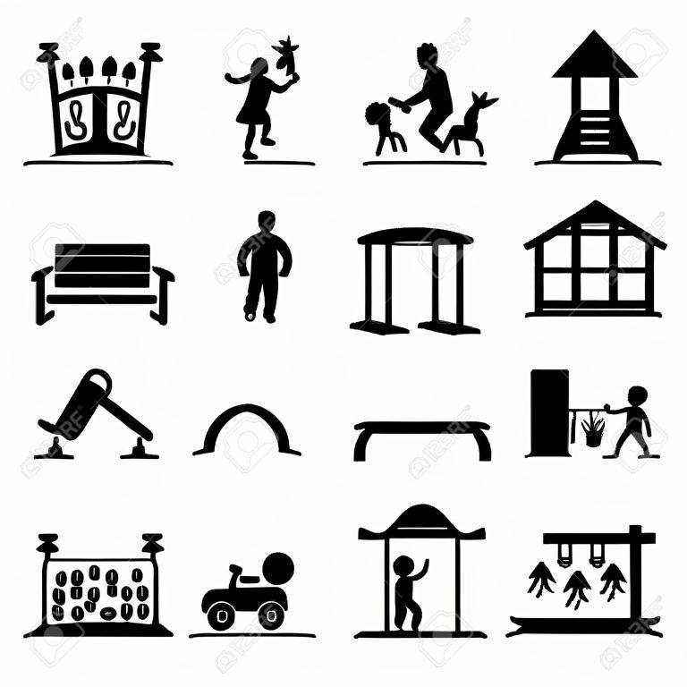 Kids playground, outdoor or indoor place for children to play icons set