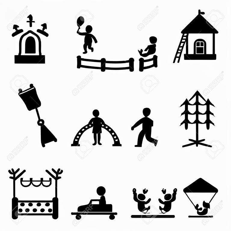 Kids playground, outdoor or indoor place for children to play icons set
