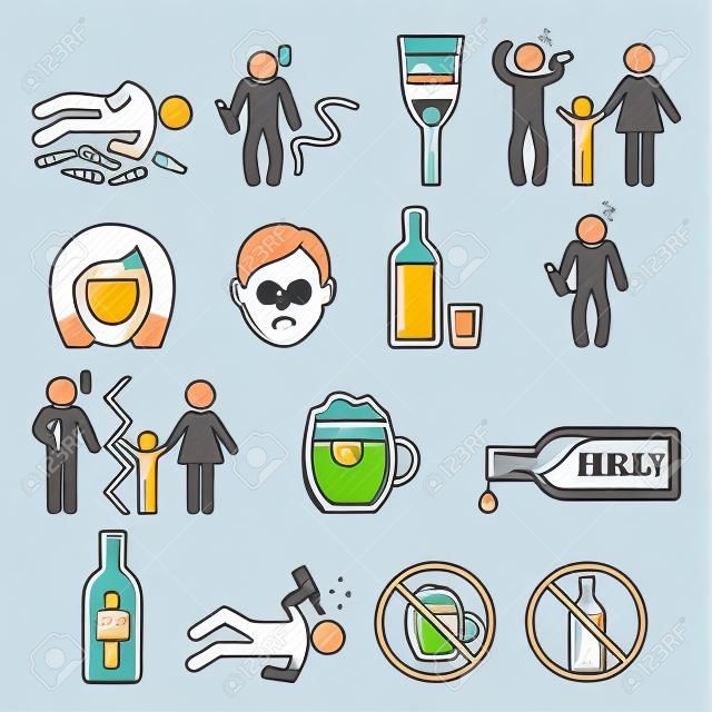 Alcoolismo, homem bêbado, ícones de dependência de álcool