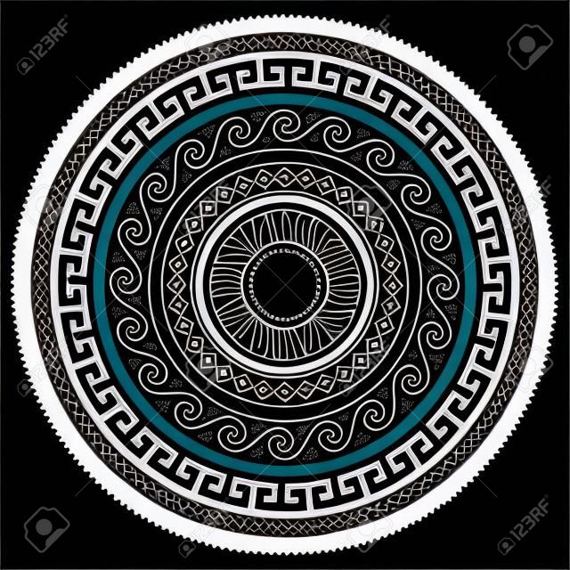 古希臘圓形鑰匙圖案 - 河曲藝術，曼陀羅黑色形狀
