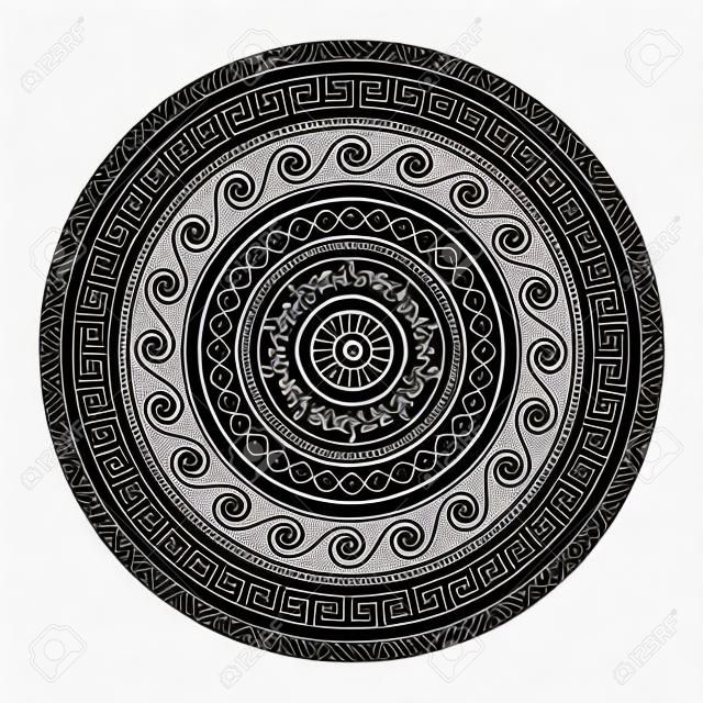 古希臘圓形鑰匙圖案 - 河曲藝術，曼陀羅黑色形狀