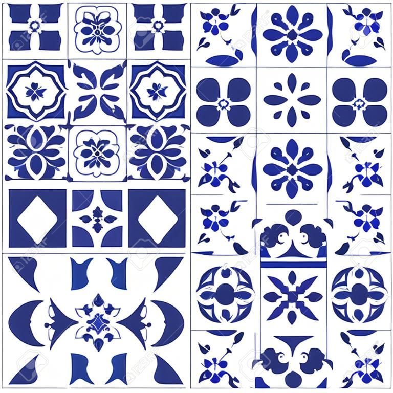 기하학적 벡터 타일 디자인, 포르투갈어 또는 스푸핑 원활한 파란색 타일, Azulejos 패턴