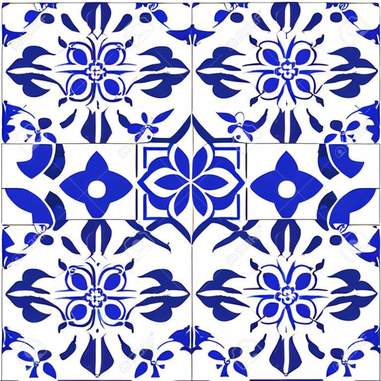 幾何矢量瓷磚設計，葡萄牙語或Sputch無縫藍色瓷磚，Azulejos模式