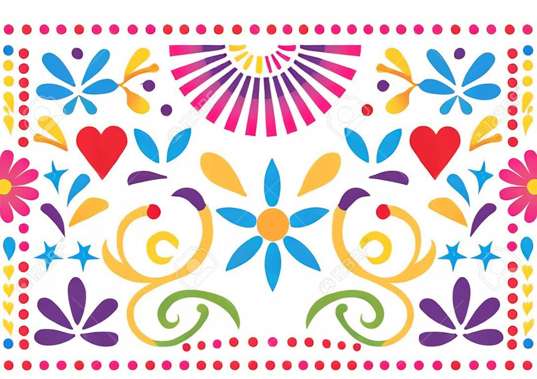 Padrão de vetor de arte folclórica mexicana, design colorido com flores inspiradas na forma de arte tradicional do México