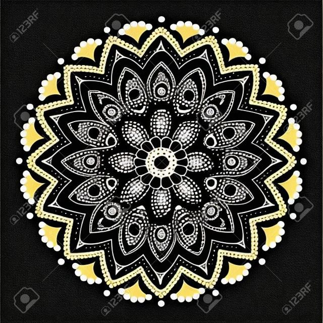 Aboriginal dot painting mandala, Australian ethnic design, gypsy vector dots pattern ethnic style in black