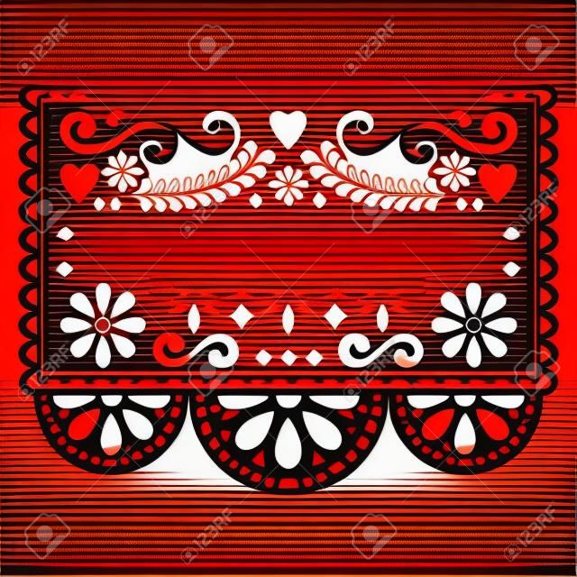 Diseño de plantilla de vector mexicano Papel Picado - patrón de vector rojo tradicional con texto en blanco