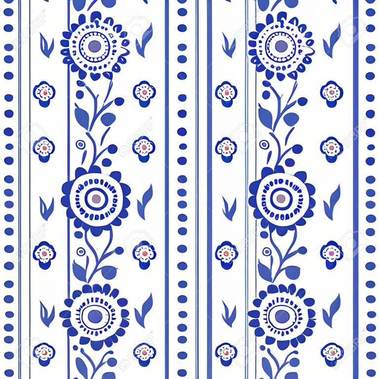 Conception de carte de voeux scandinave, conception de vecteur rétro art populaire, ornement avec des fleurs en bleu marine - bande verticale ou bordure.