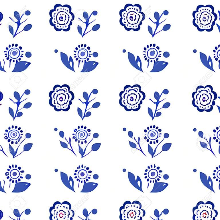 Scandinavian greeting card design, folk art retro vector design, ornament with flowers in navy blue - vertical stripe or border.