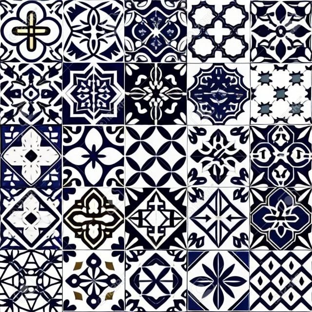 Lisboa geométrico Azulejo azulejo padrão vetorial, português ou espanhol retro azulejos antigos mosaico, Mediterrâneo sem costura design azul marinho