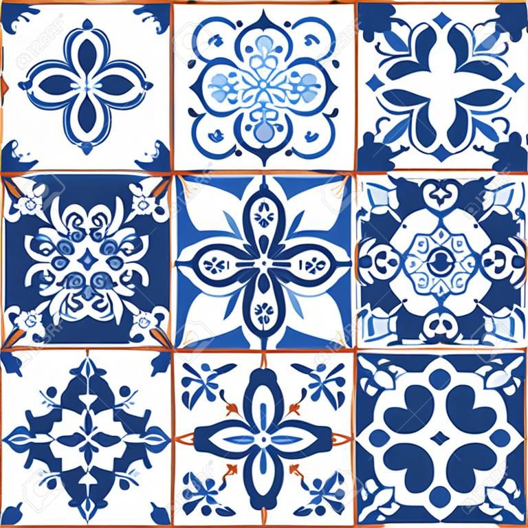리스본 기하학적 Azulejo 타일 벡터 패턴, 포르투갈어 또는 스페인어 복고풍 오래된 타일 모자이크, 지중해 원활한 네이비 블루 디자인