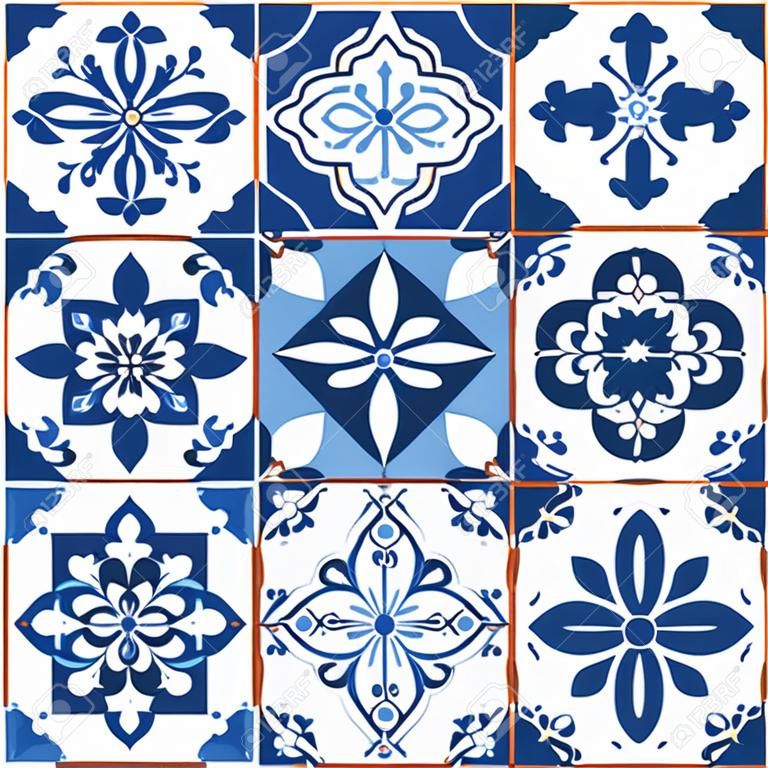 Patrón de vector de mosaico geométrico Azulejo de Lisboa, mosaico de azulejos antiguos retro portugués o español, diseño azul marino sin costuras mediterráneo