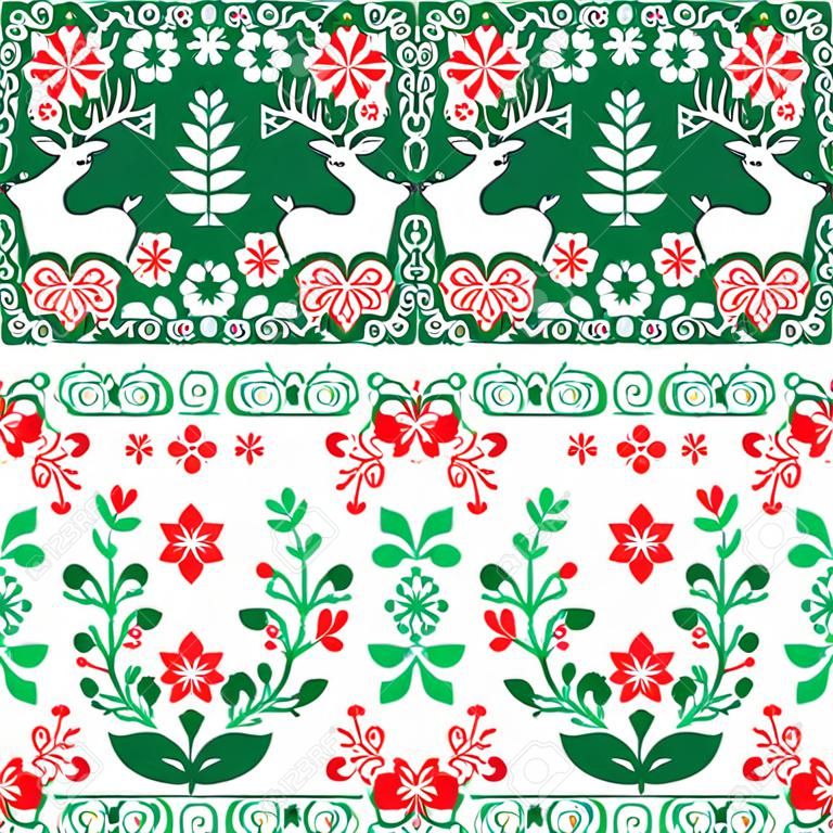 Christmas Scandinavian vector seamless pattern in green and red - folk art style with reindeer, Xmas trees and flowers