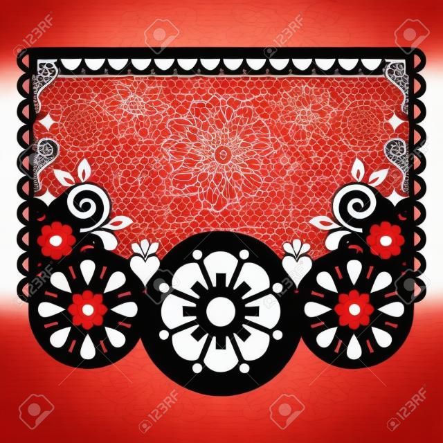 Papel Picado vector template design with flowers and blank space for text, Mexican cutout paper garland decoration in red on white background