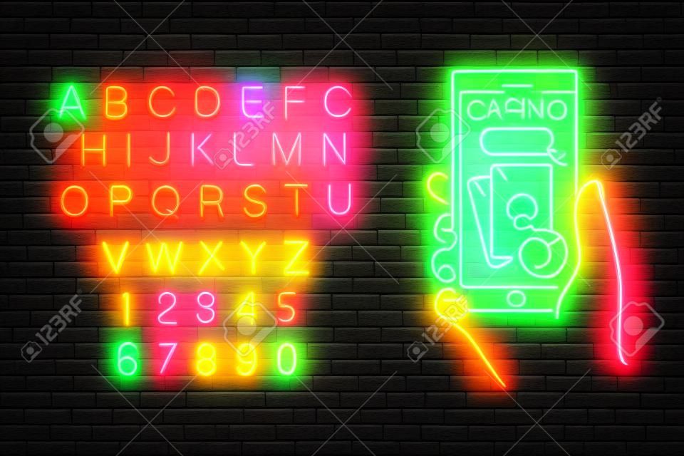 Casino online neon sign with alphabet typography vector illustration