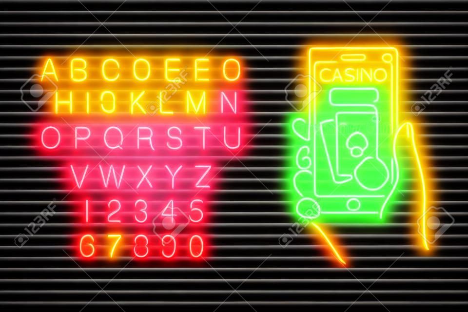 Casino online neon sign with alphabet typography vector illustration