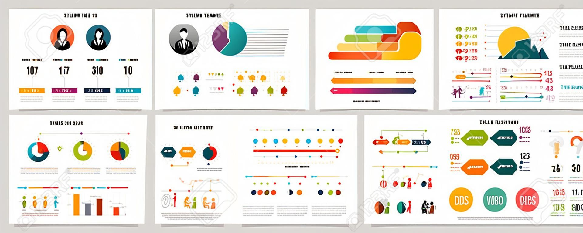 Insieme di grafici infographic di concetto di lavoro di squadra o flusso di lavoro colorato. Elementi di design aziendale per modelli di diapositive della presentazione. Può essere utilizzato per la relazione annuale, la pubblicità, il layout del volantino e il design di banner.