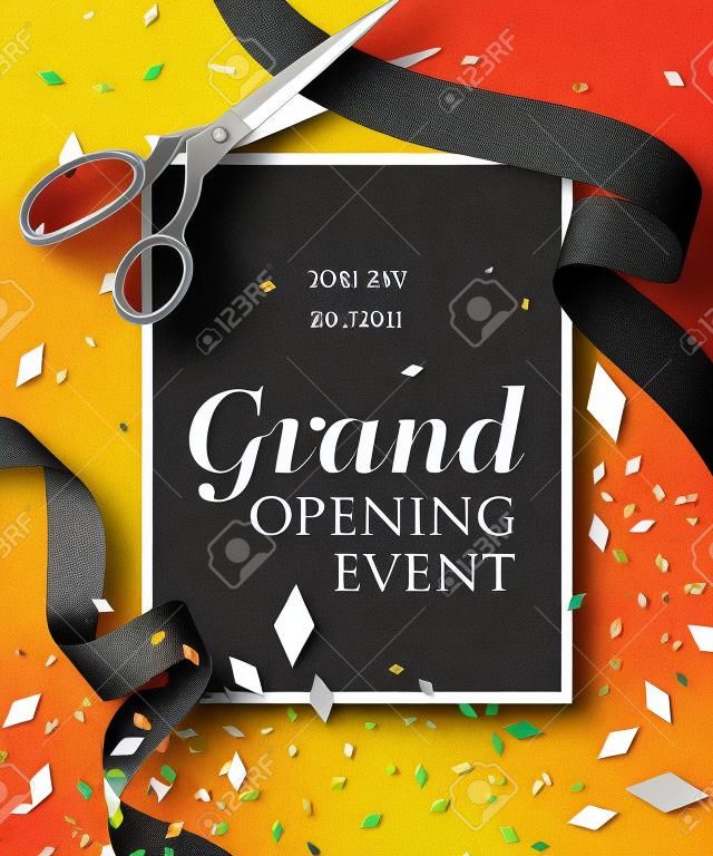 Grand opening event lettering with confetti. Opening event invitation design. Typed text, calligraphy. For leaflets, brochures, invitations, posters or banners.