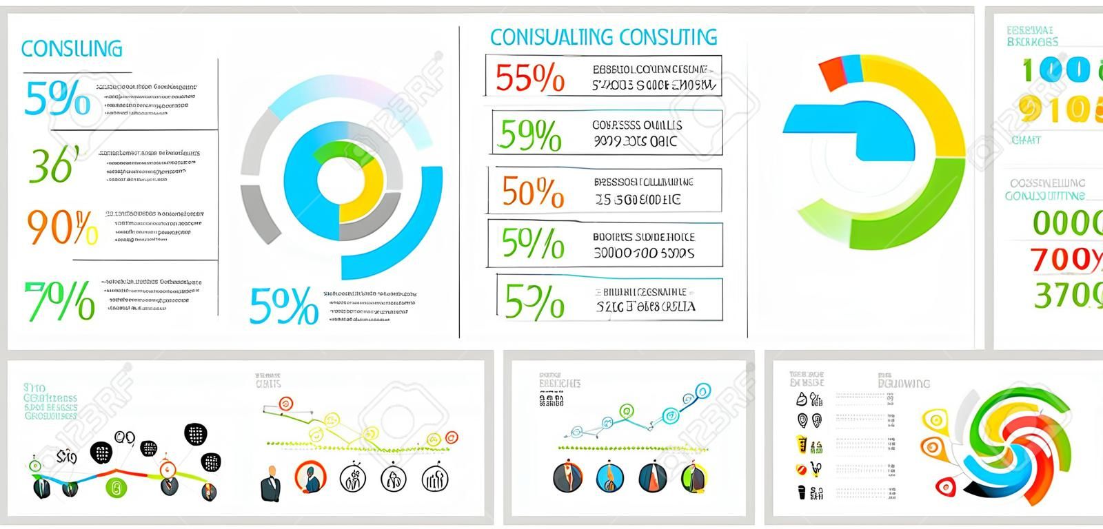 Colorful consulting or banking concept infographic charts set. Business design elements for presentation slide templates. For corporate report, advertising, leaflet layout and poster design.