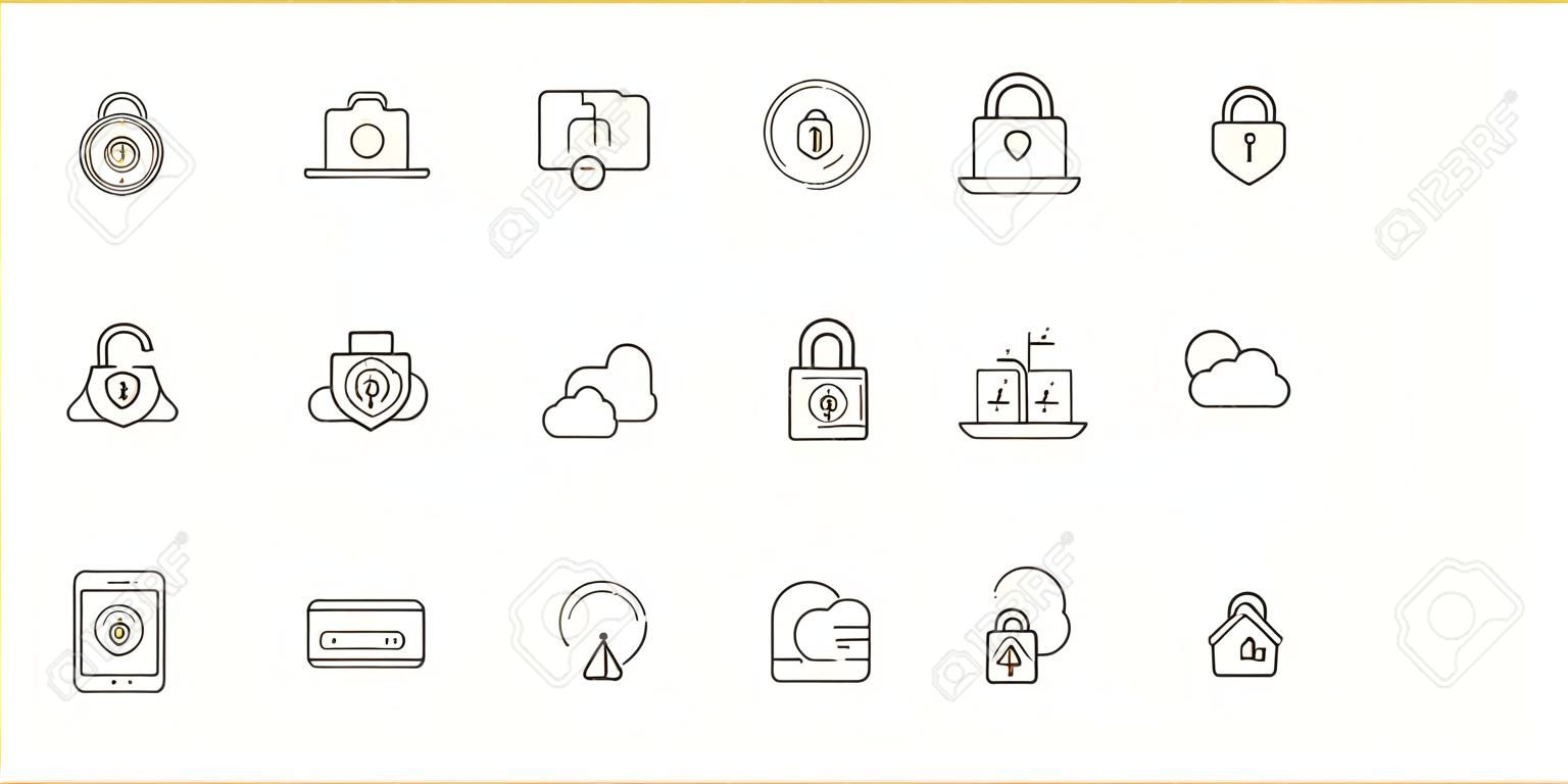 Padlock line icons. Set of line icons. Phone with padlock, planet. Security concept. Vector illustration can be used for topics like information security, computing