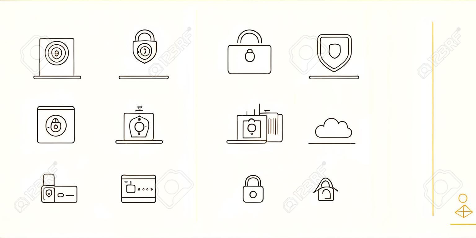 Padlock line icons. Set of line icons. Phone with padlock, planet. Security concept. Vector illustration can be used for topics like information security, computing