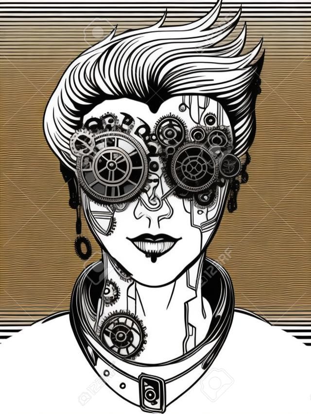steampunk girl, monochrome vector illustration, t-shirt print or tattoo.
