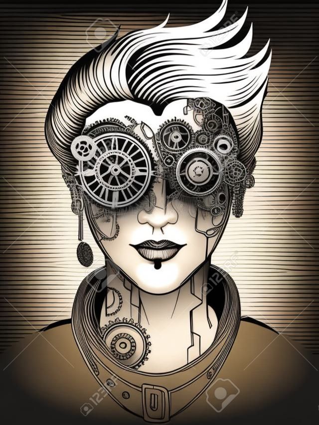 steampunk girl, monochrome vector illustration, t-shirt print or tattoo.
