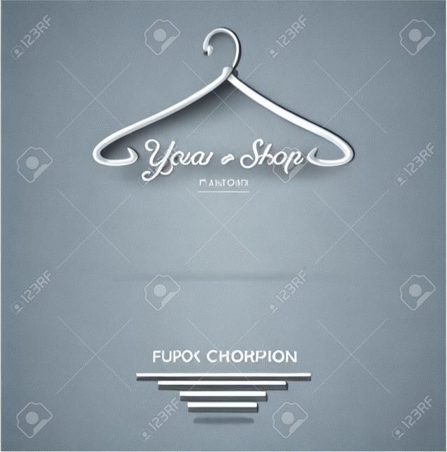 Logo del negozio di moda - scenografia vettoriale con logo appendiabiti. l'illustrazione di un logo minimalista può essere utilizzata per prodotti di abbigliamento femminile, simboli, negozio online, boutique