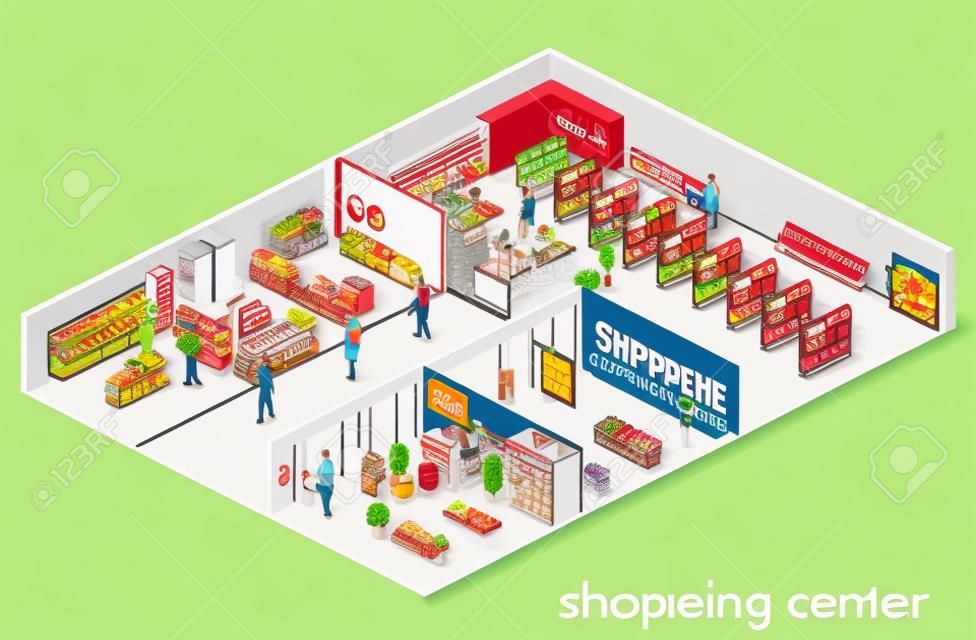 Innen isometrische Einkaufszentrum, Lebensmittelgeschäft, Computer, Haushalt, Ausrüstung zu speichern. Flachen 3D-Vektor-Illustration