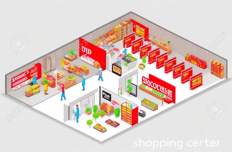 아이소 메트릭 인테리어 쇼핑몰, 식료품, 컴퓨터, 가정, 장비 상점. 플랫 3D 벡터 일러스트 레이션