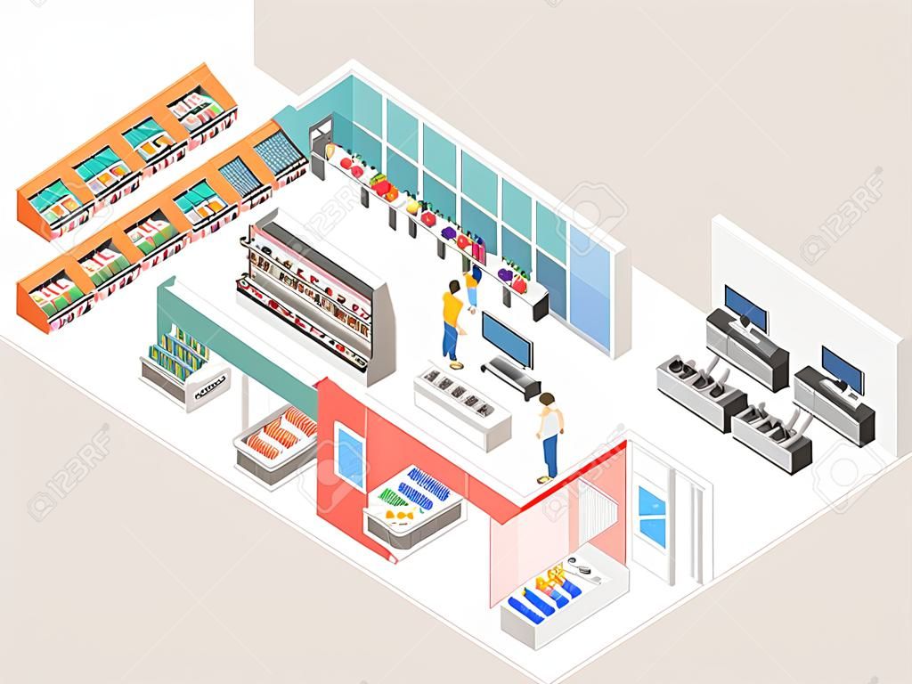 쇼핑몰, 식료품, 컴퓨터, 가정, 장비 상점의 등각 투영 내부. 플랫 3D 벡터 일러스트 레이션