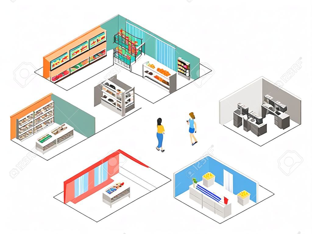 Isometrische Innenraum von Einkaufszentrum, Lebensmittelgeschäft, Computer, Haushalt, Ausrüstungsgeschäft. Flache 3d vektor-illustration