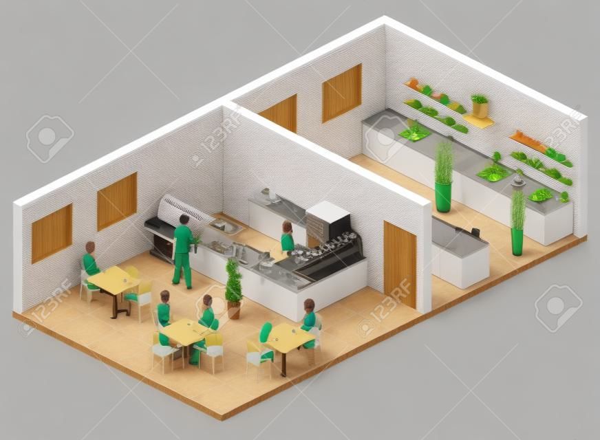 Isometric flat 3D interior of cafe, canteen and restaurant kitchen.