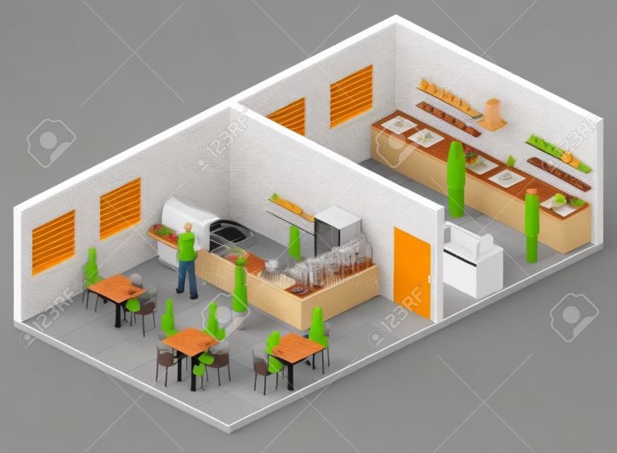 Isometric flat 3D interior of cafe, canteen and restaurant kitchen.