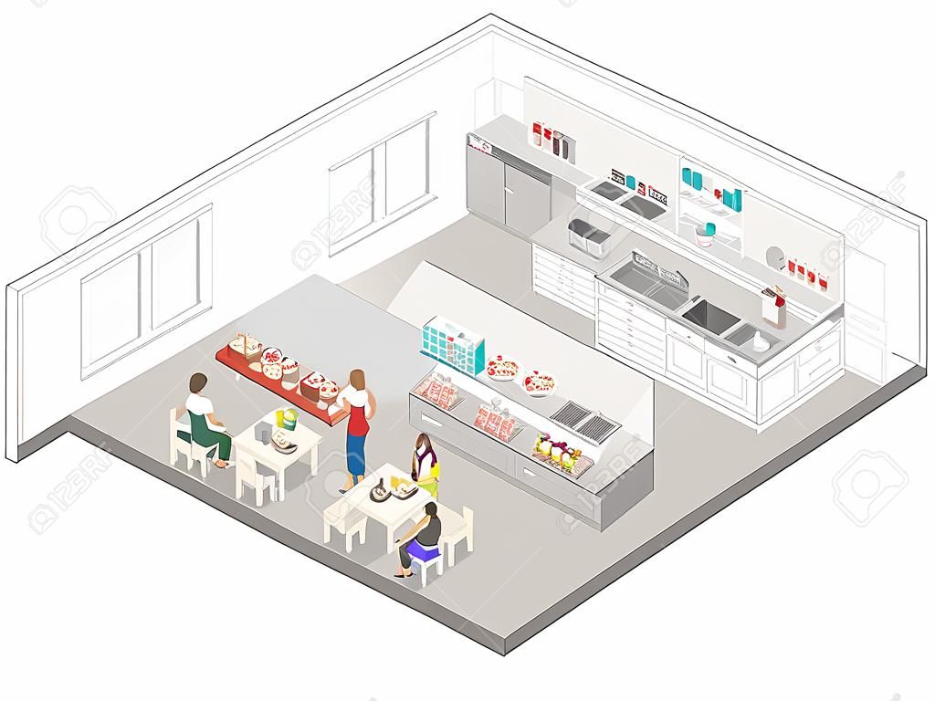 咖啡馆，食堂和餐厅厨房的等距平面3D概念向量内部。人们坐在桌旁吃饭。平面3D图