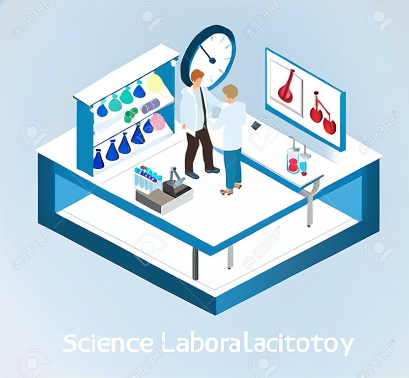 Isometric flat 3D concept vector interior of science laboratory. medical research pharmaceutical illustration