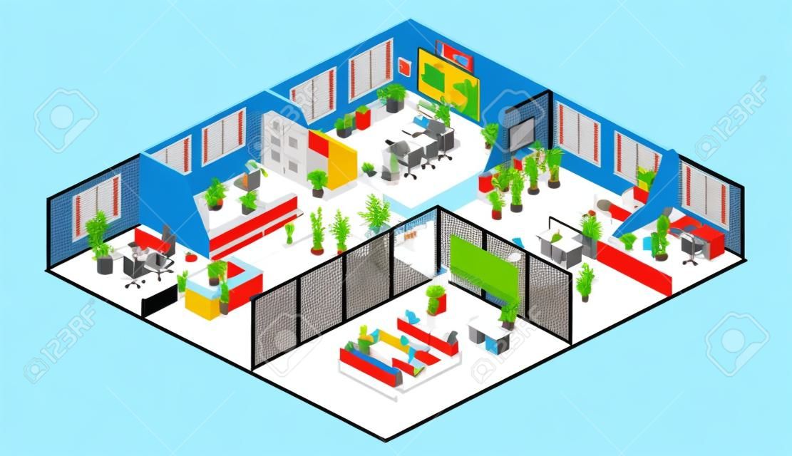 İzometrik düz 3d soyut ofis kat iç bölümleri konsept vektör. konferans salonu, ofisler, işyerleri, ofis içi müdürü