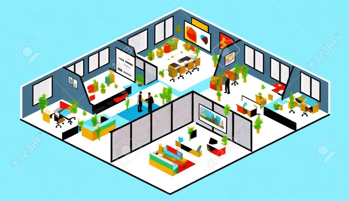 等距平面3d抽象办公室地板内部部门概念向量。会议厅，办公室，工作场所，办公室室内主任