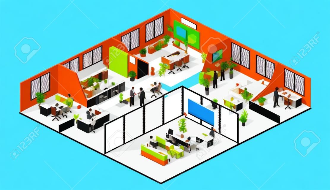 Vector plano isométrico del concepto interior de los departamentos del piso de la oficina del extracto 3d. Sala de conferencias, oficinas, lugares de trabajo, director del interior de la oficina.